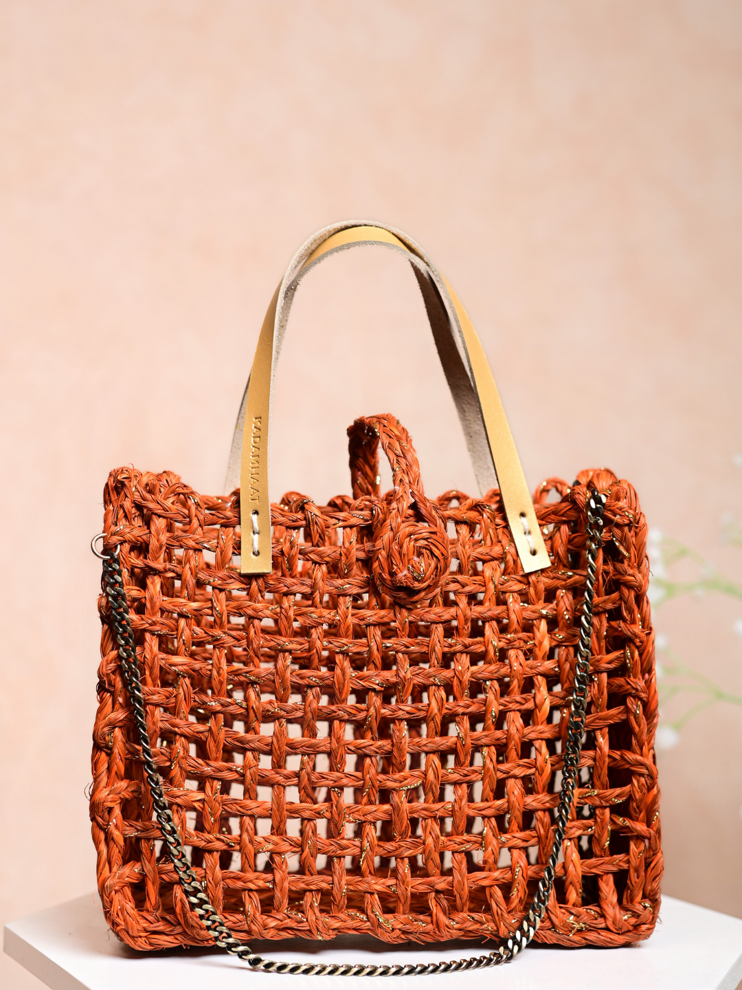 Handmade Sabai Grass Zari Mini Mesh Bag - Orange Gold