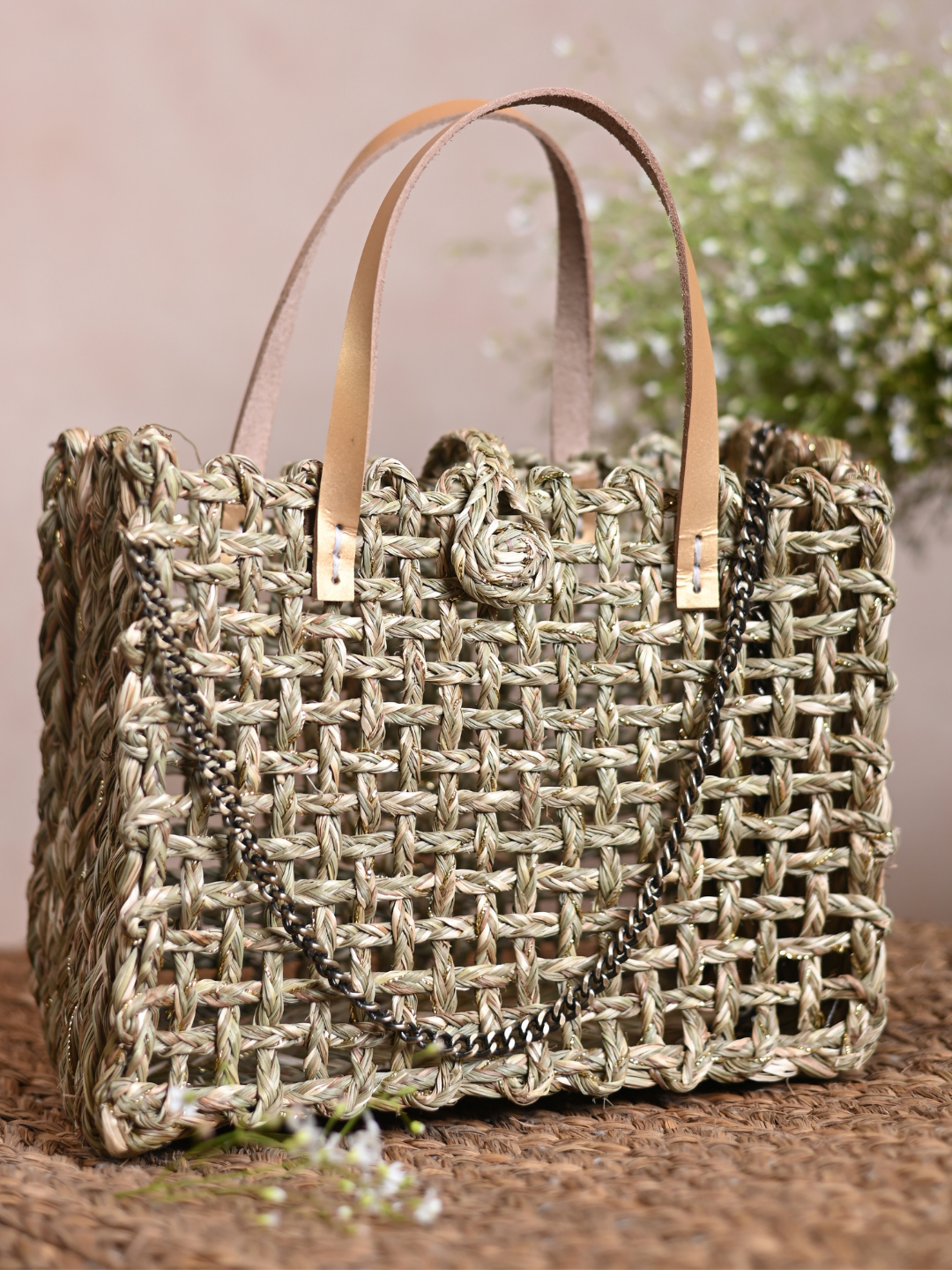 Handmade Sabai Grass Mini Zari Mesh Bag - Natural Gold