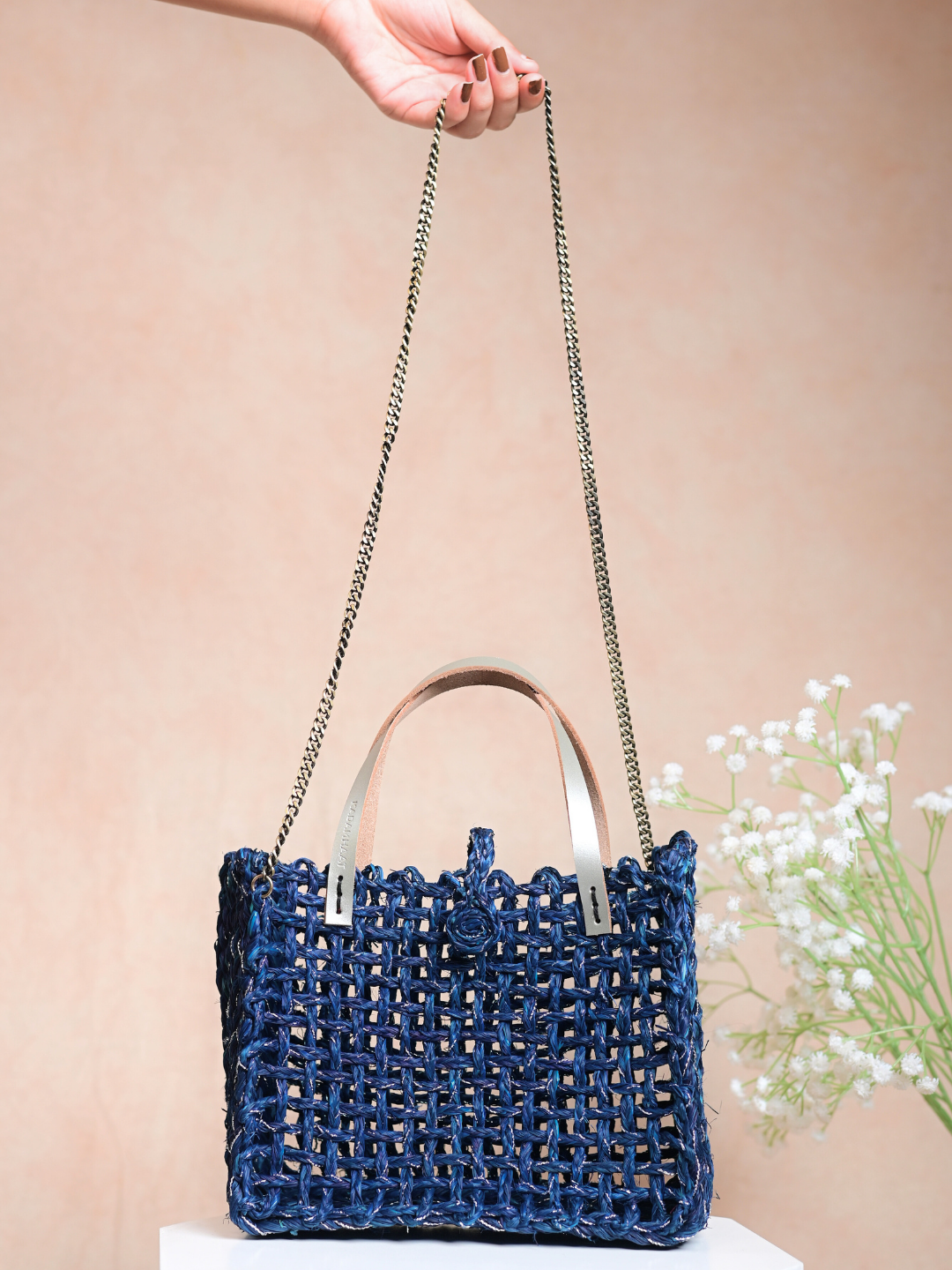 Handmade Sabai Grass Zari Mini Mesh Bag - Neer Silver