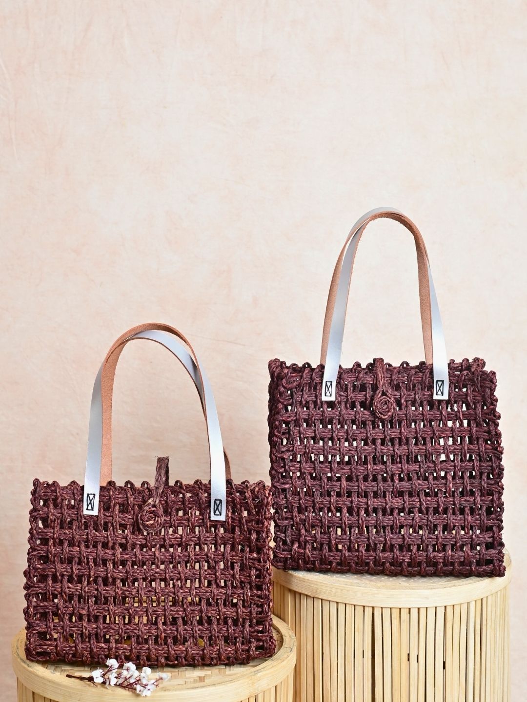 Handmade Sabai Grass Mesh Bag with Silver Handle - Brown