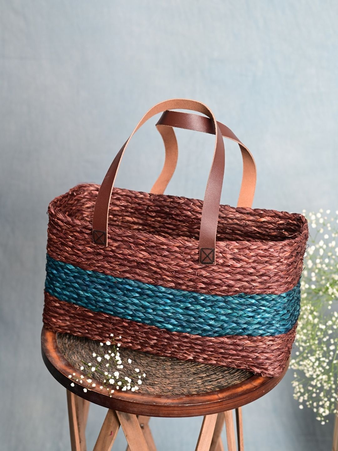 Handmade Sabai Grass Shopping Bag - Brown & Indigo