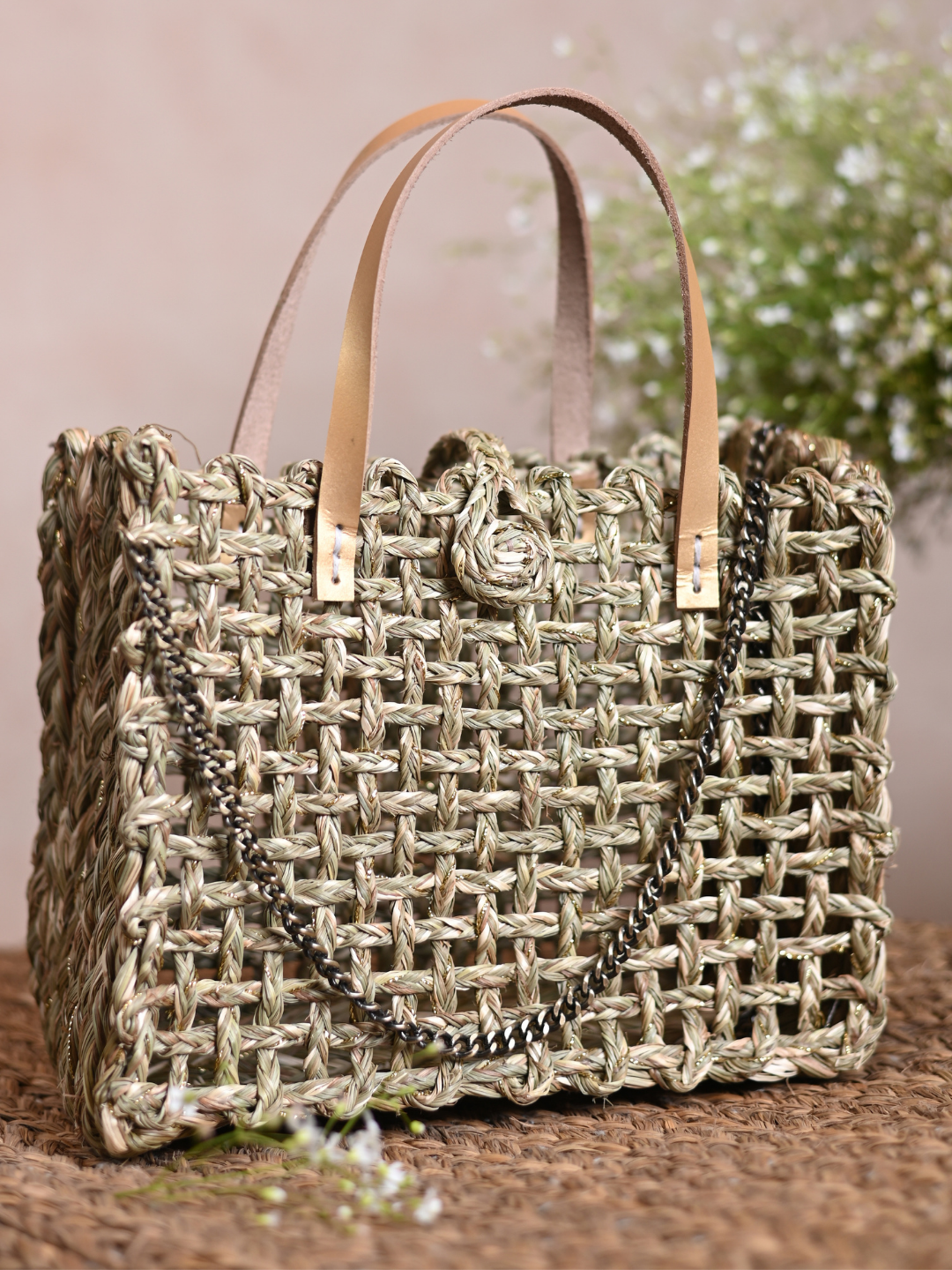 Handmade Sabai Grass Zari Mini Mesh Bag