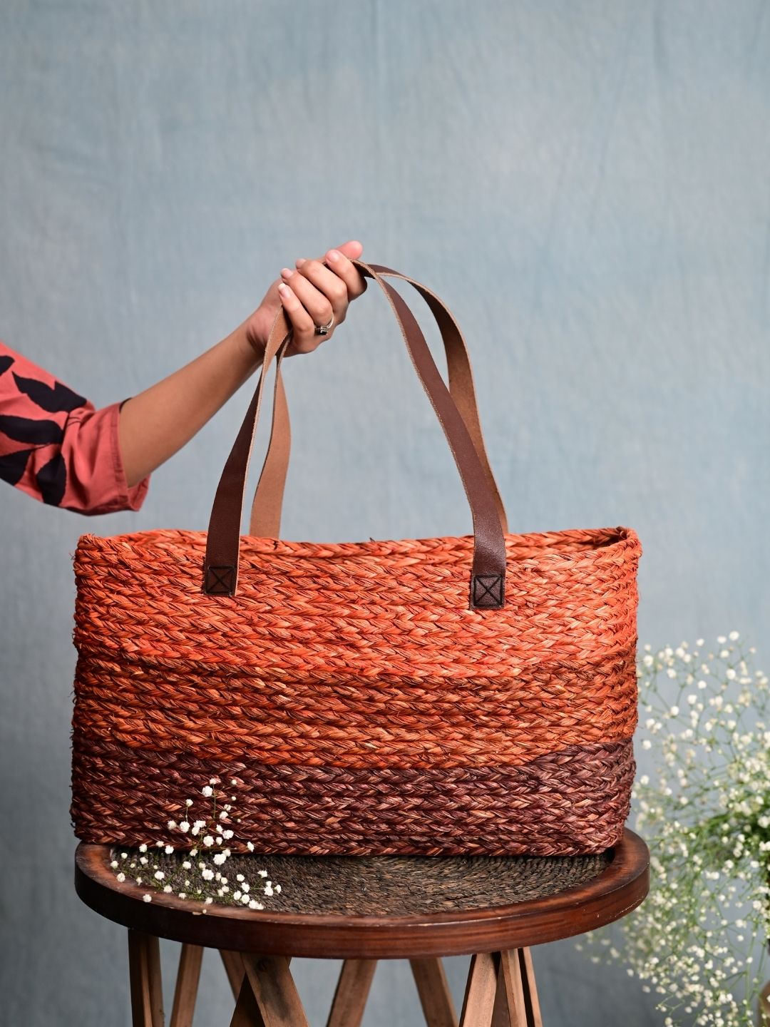 Handmade Sabai Grass Shopping Bag - Orange & Red