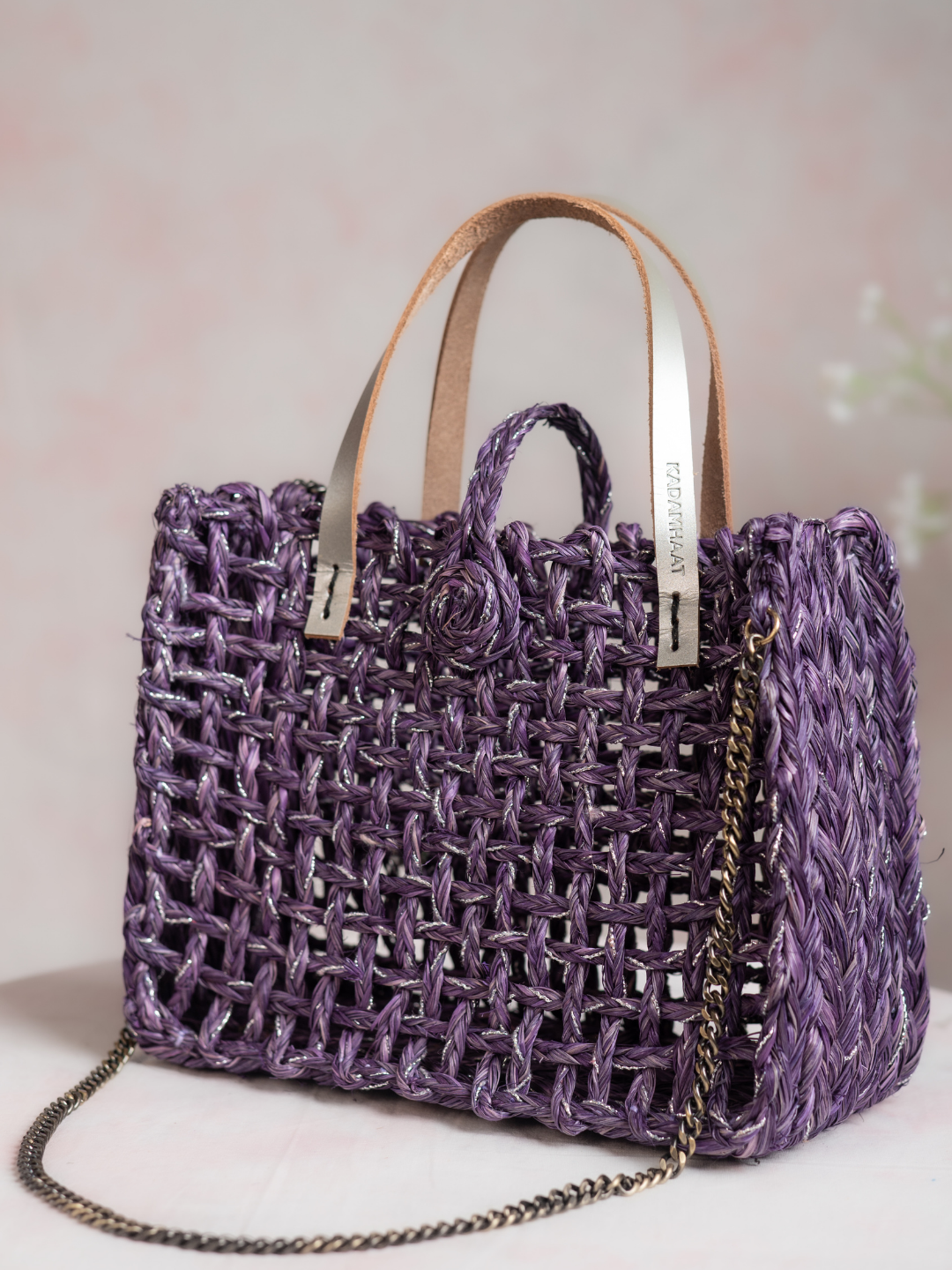 Handmade Sabai Grass Zari Mini Mesh Bag with Silver Handle - Lavender