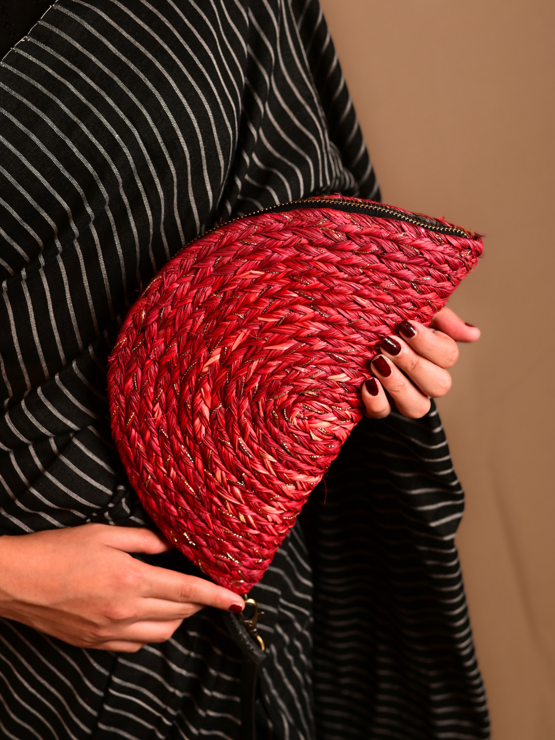 Handmade Zari Moon Clutch - Red Gold
