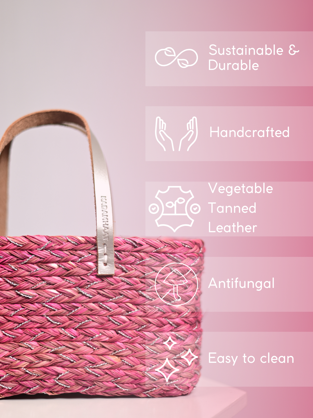 Handmade Sabai Grass Mini Shopping/City Bag - Pink Silver