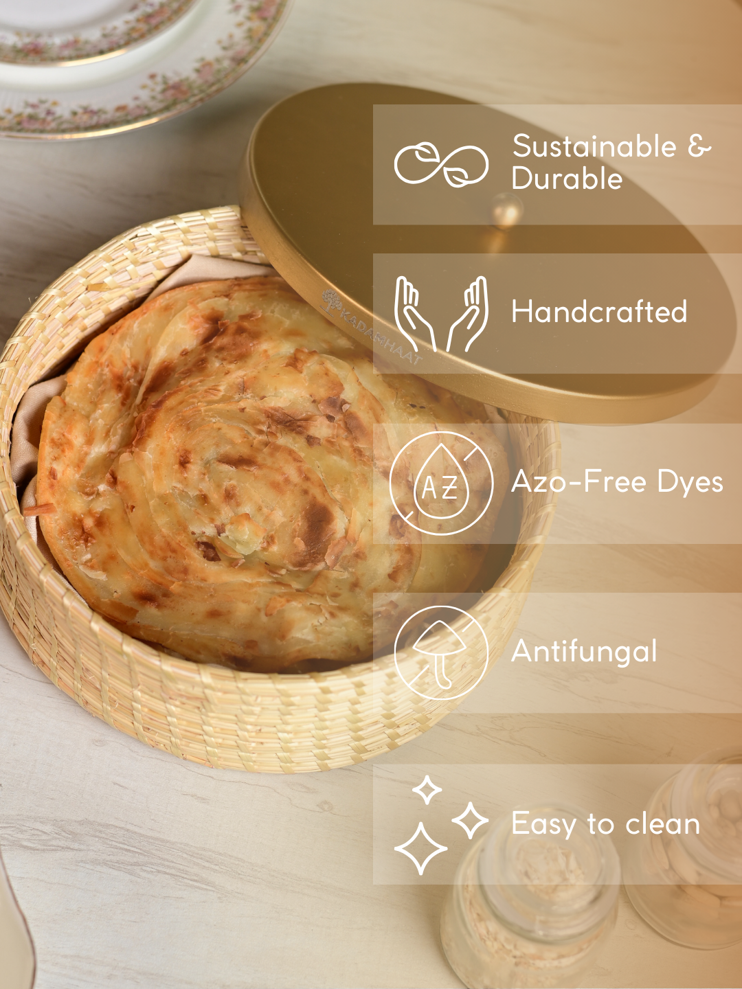 Handmade Sikki Roti Box with Golden Metal Lid