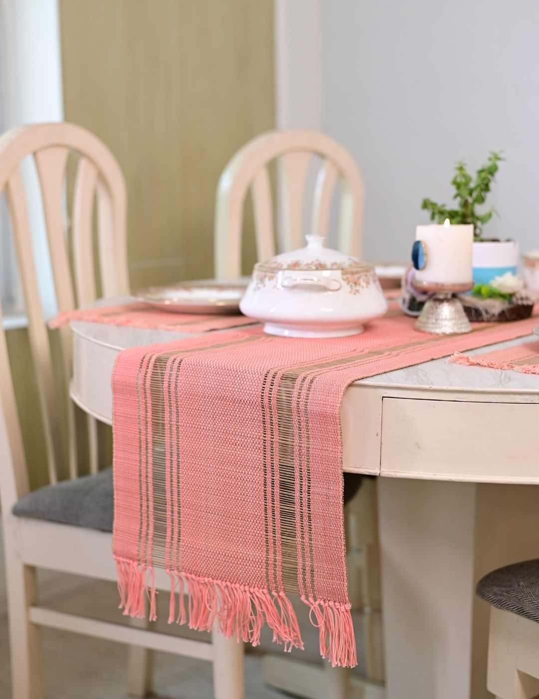 Handmade Madurkathi Table Runner - Peach