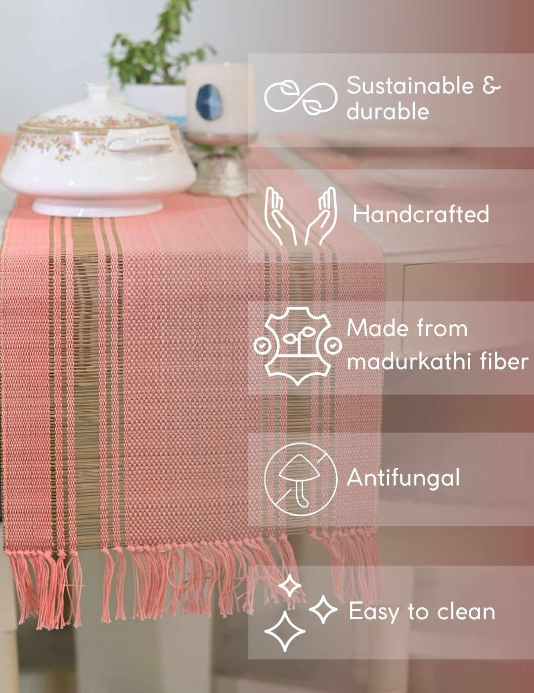 Handmade Madurkathi Table Runner - Peach