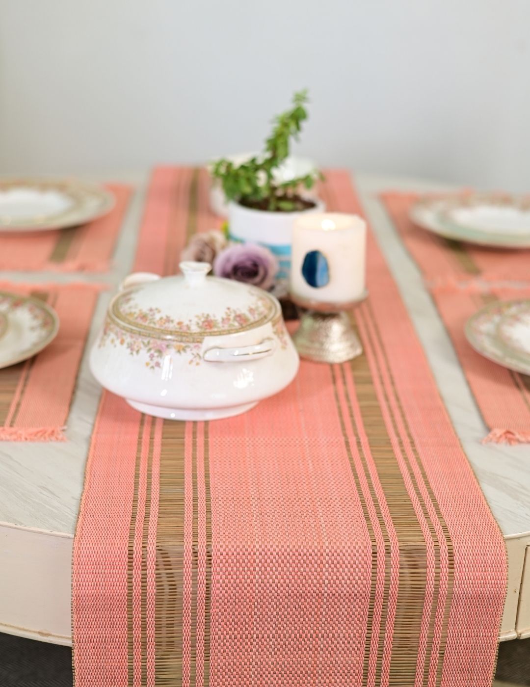 Handmade Madurkathi Table Runner - Peach