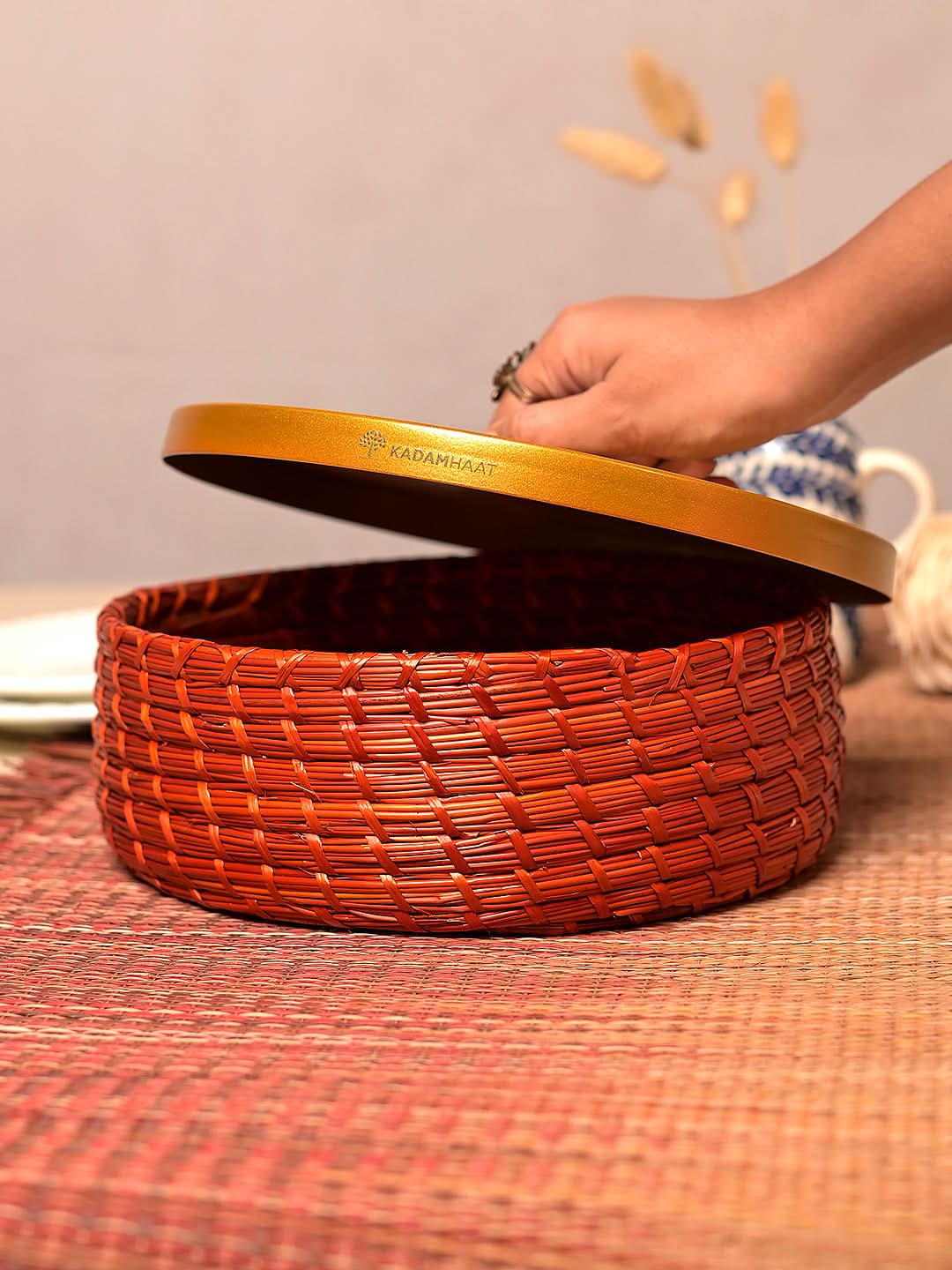 Sikki Grass Roti Box with Brass-Tone Lid | Orange Rust | Chapati Keeper | Kadam Haat