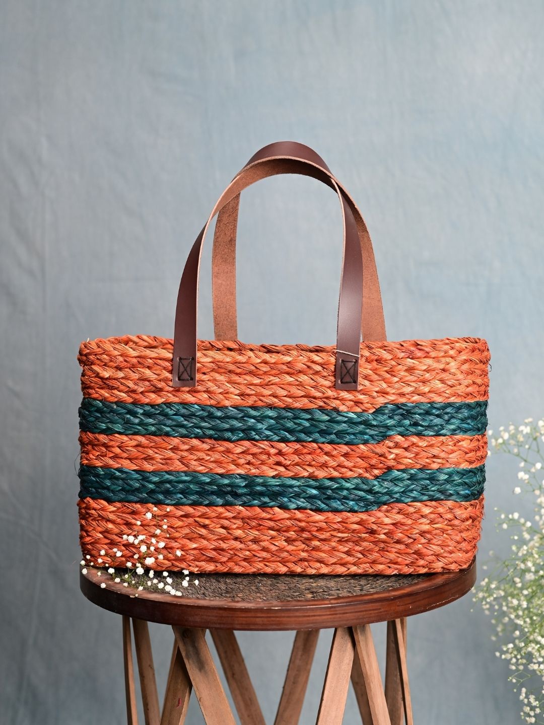Handmade Sabai Grass Shopping Bag - Orange & Indigo