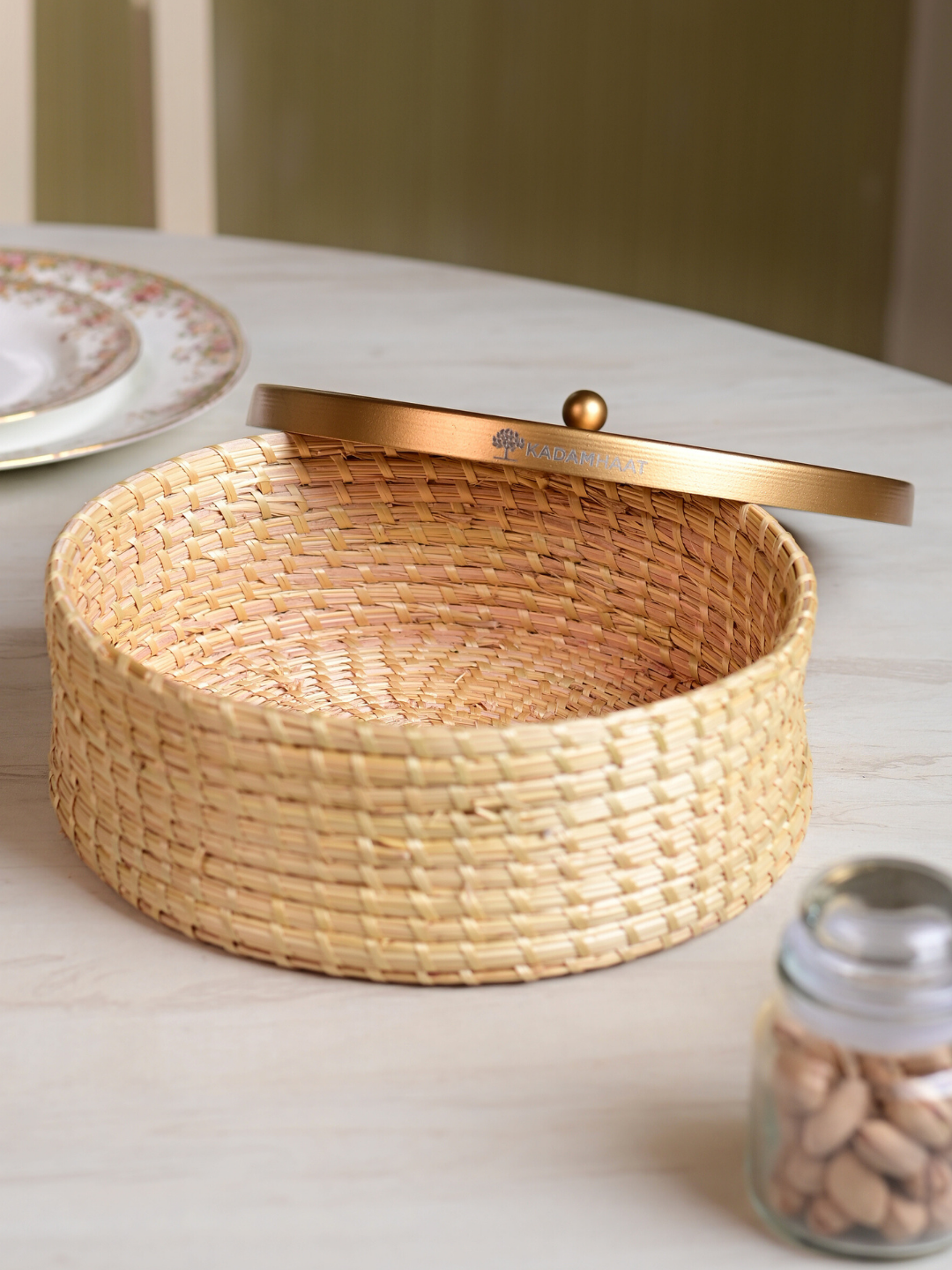 Handmade Sikki Roti Box with Golden Metal Lid
