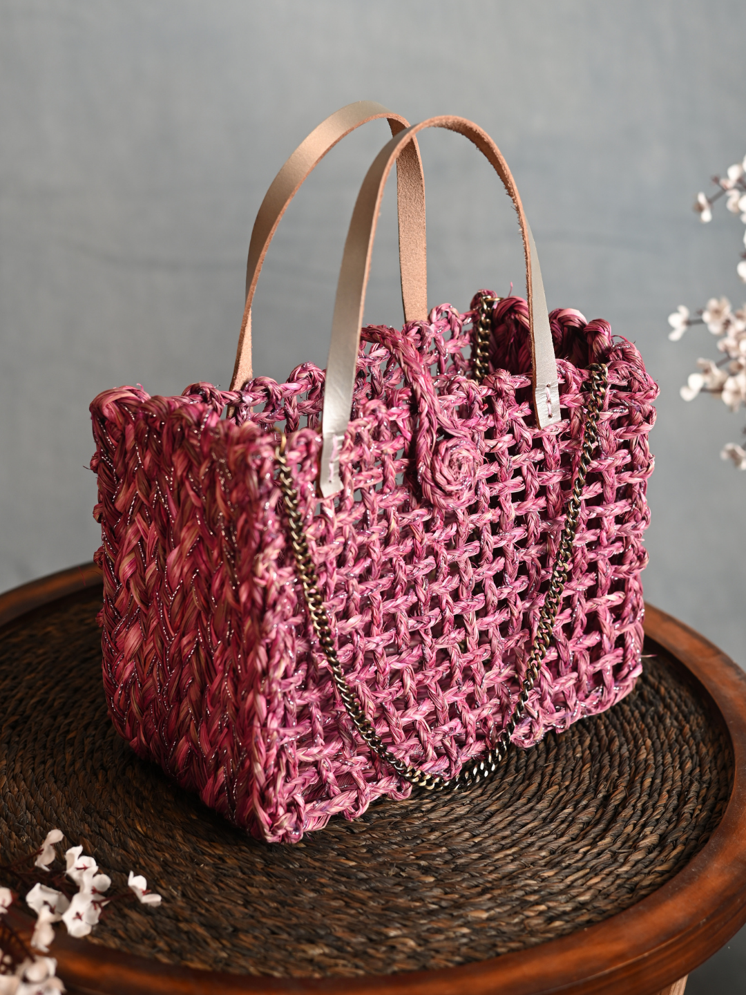 Handmade Sabai Grass Mini Zari Mesh Bag - Pink