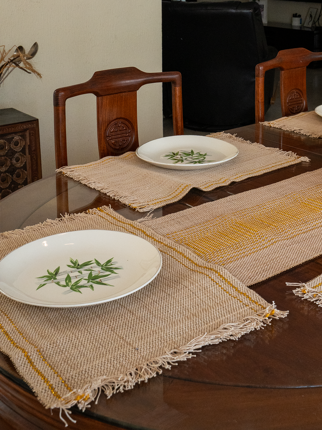 Handmade Madurkathi Table Runner & Mat with Zari