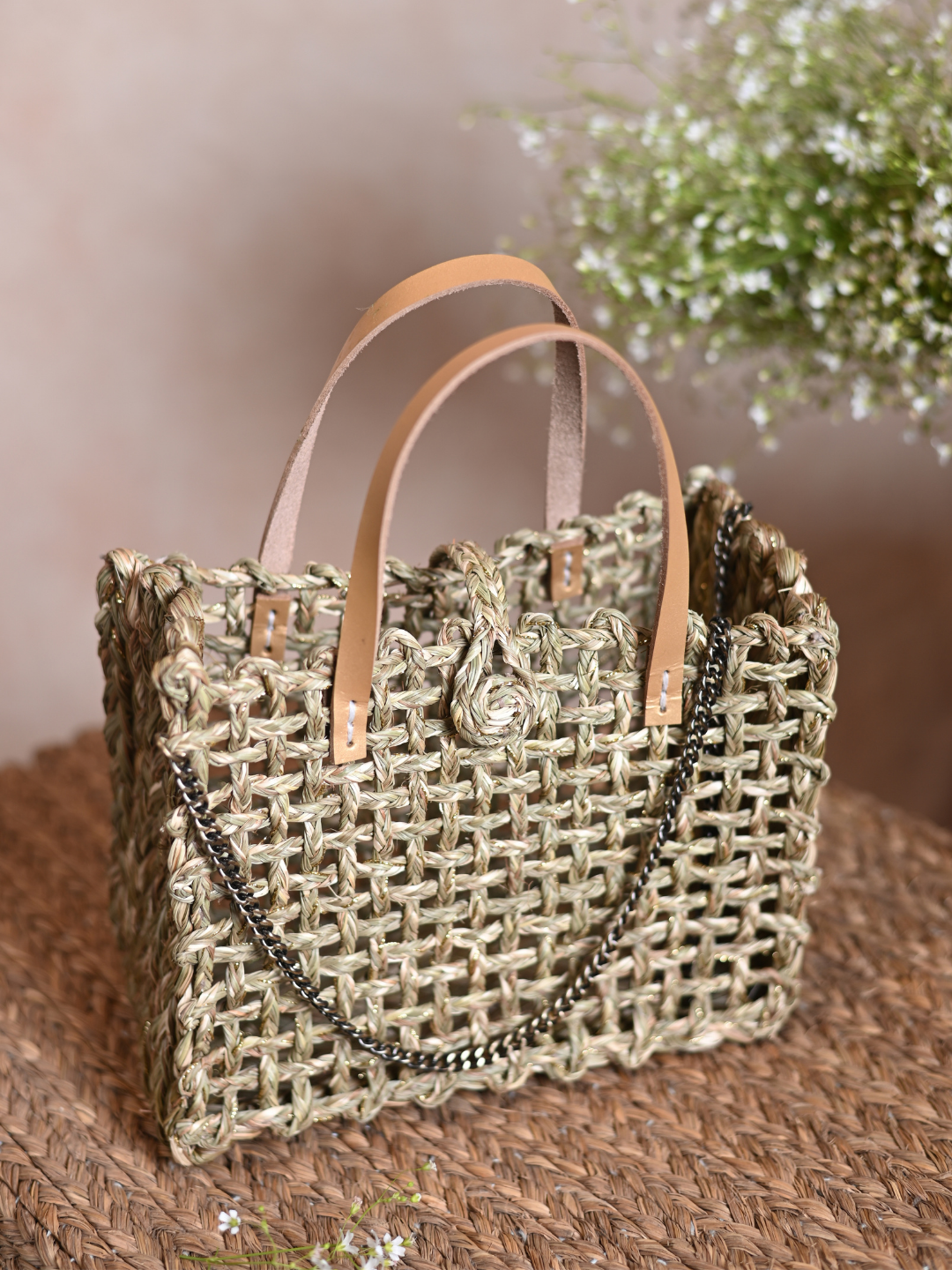 Handmade Sabai Grass Mini Zari Mesh Bag - Natural Gold