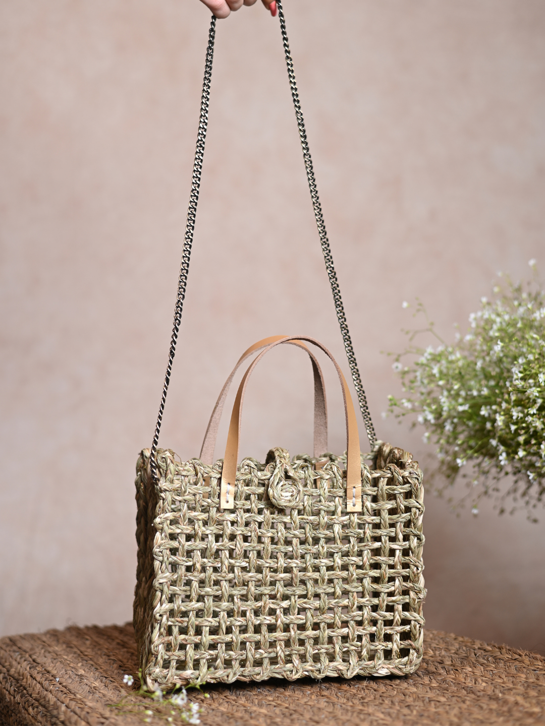 Handmade Sabai Grass Mini Zari Mesh Bag - Natural Gold