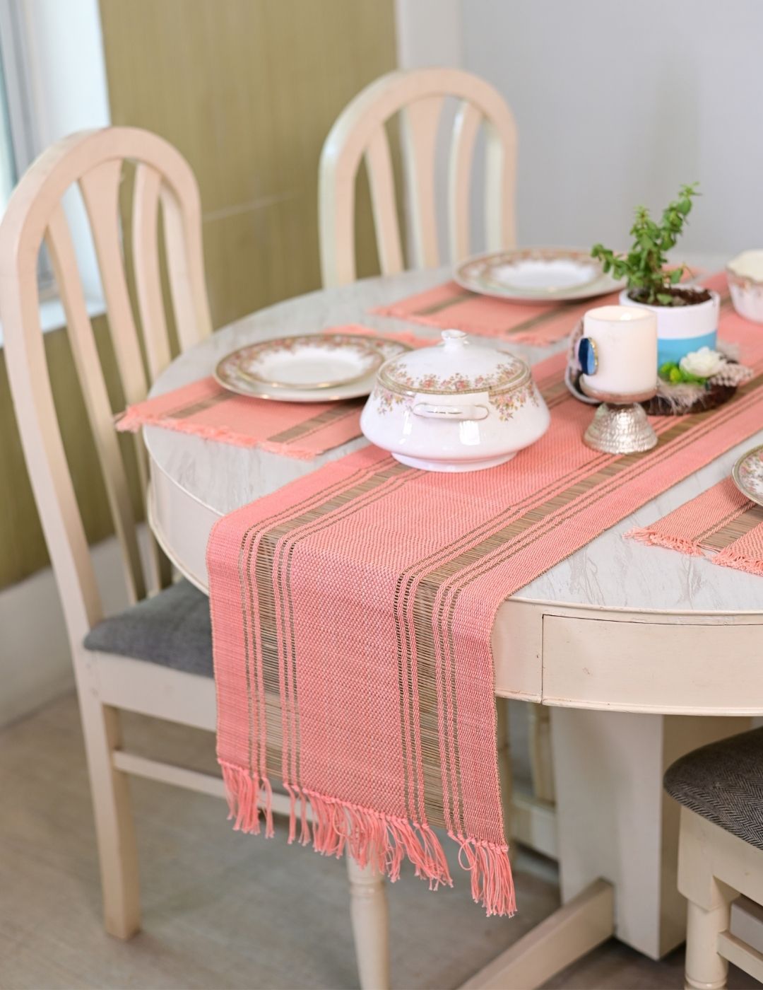 Handmade Madurkathi Table Runner - Peach