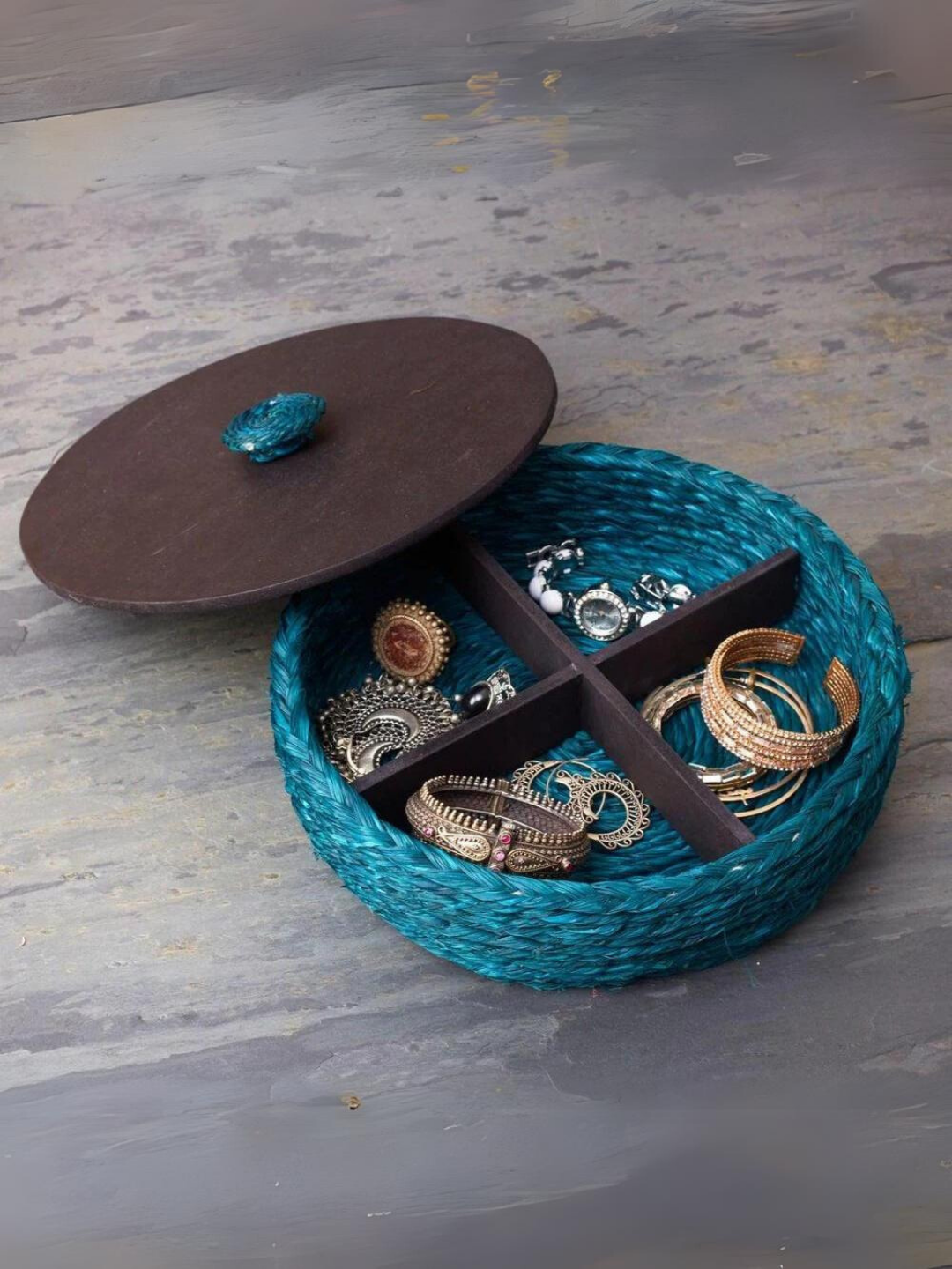 Handmade Sabai Grass Jewellery Box - Indigo