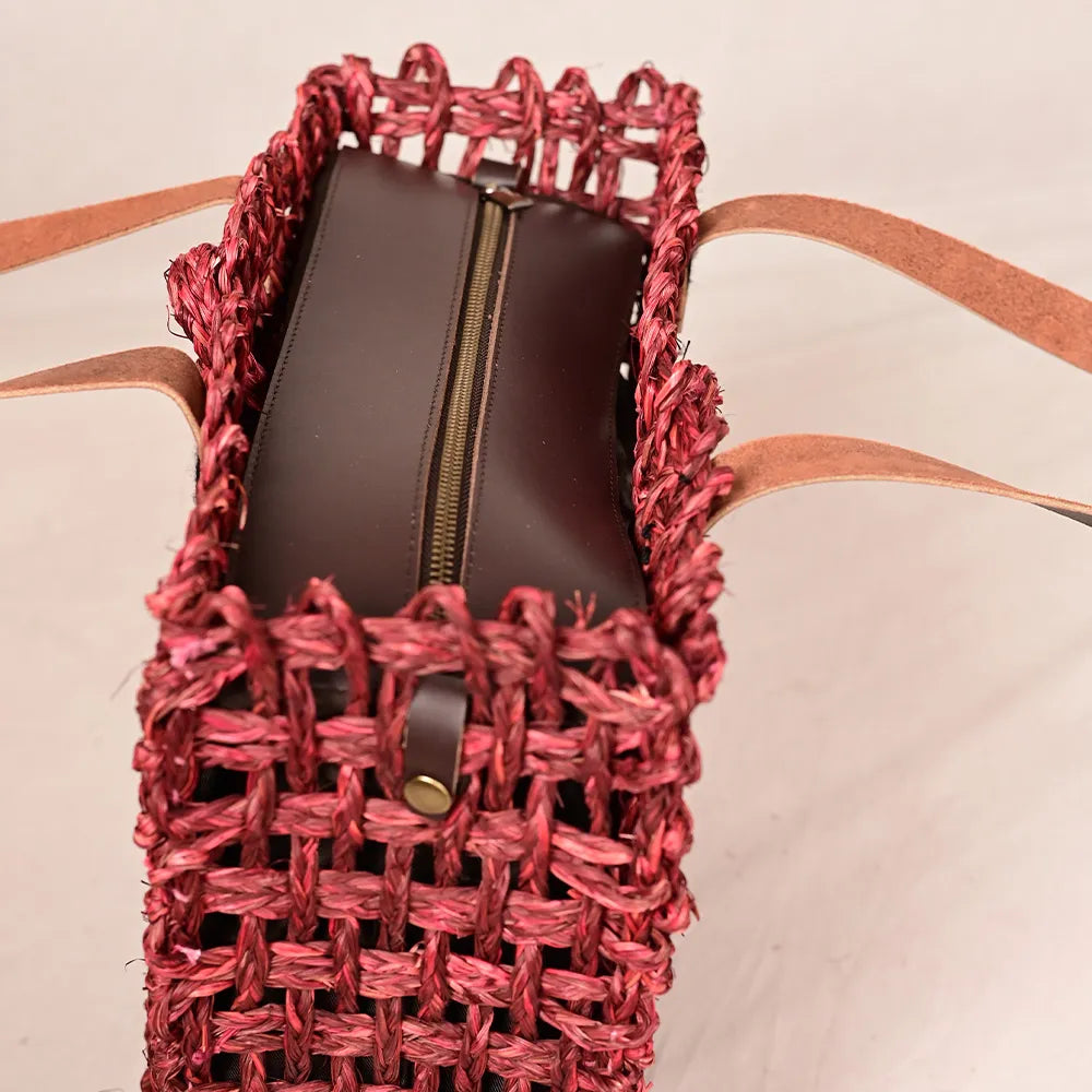 Handmade Sabai Grass Large Mesh Bag - Wine
