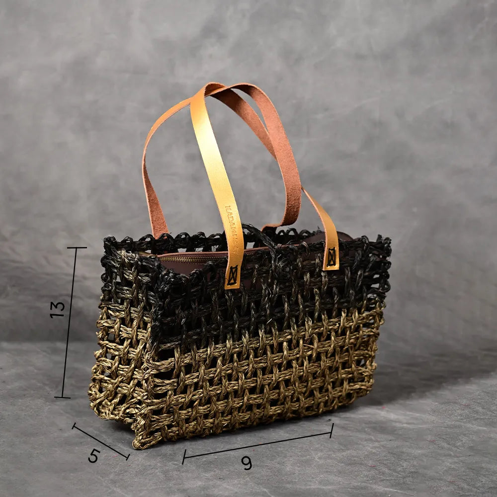 Handmade Sabai Grass Small Mesh Bag - Black and Gold