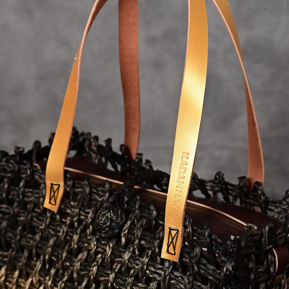Handmade Sabai Grass Small Mesh Bag - Black and Gold
