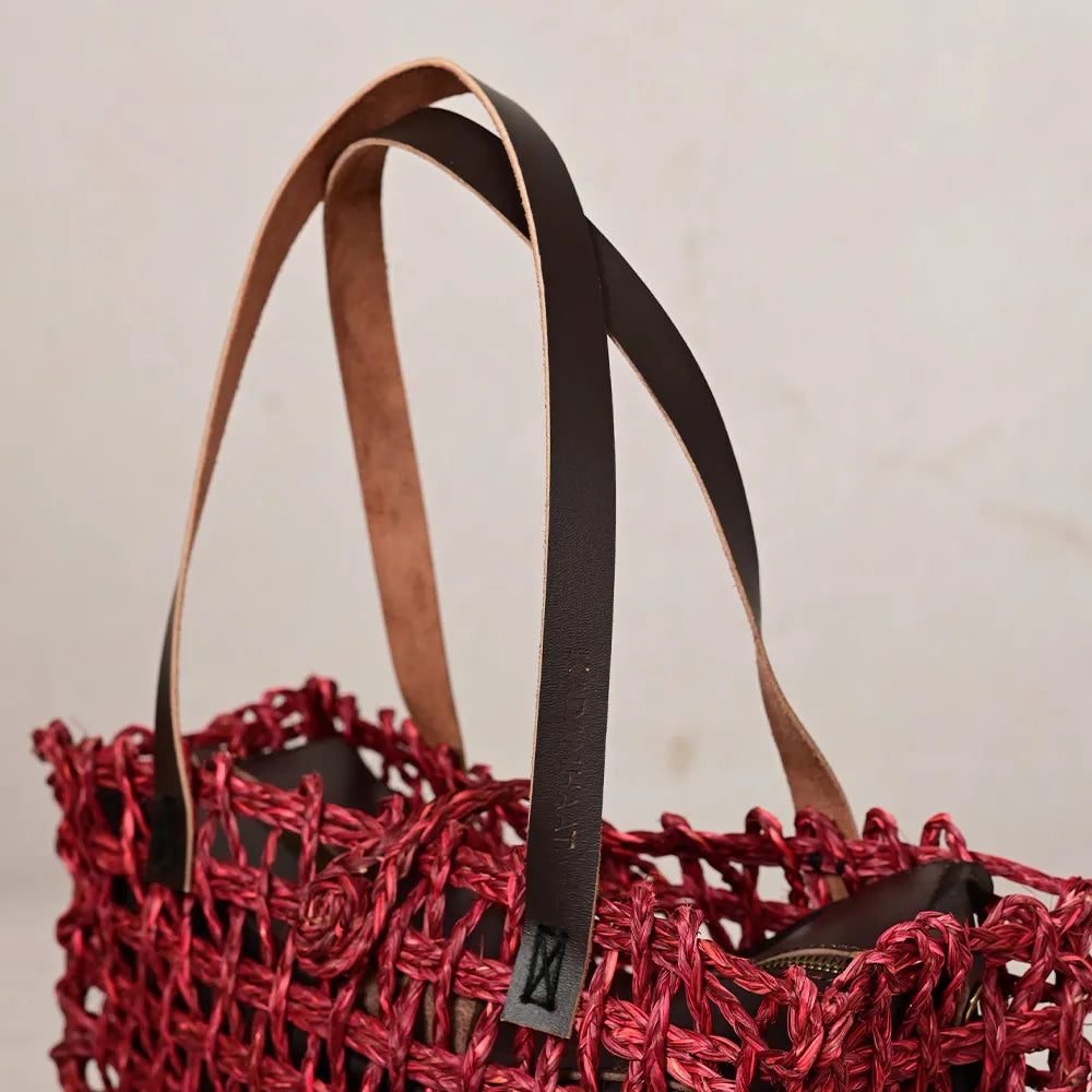Handmade Sabai Grass Small Mesh Bag - Wine