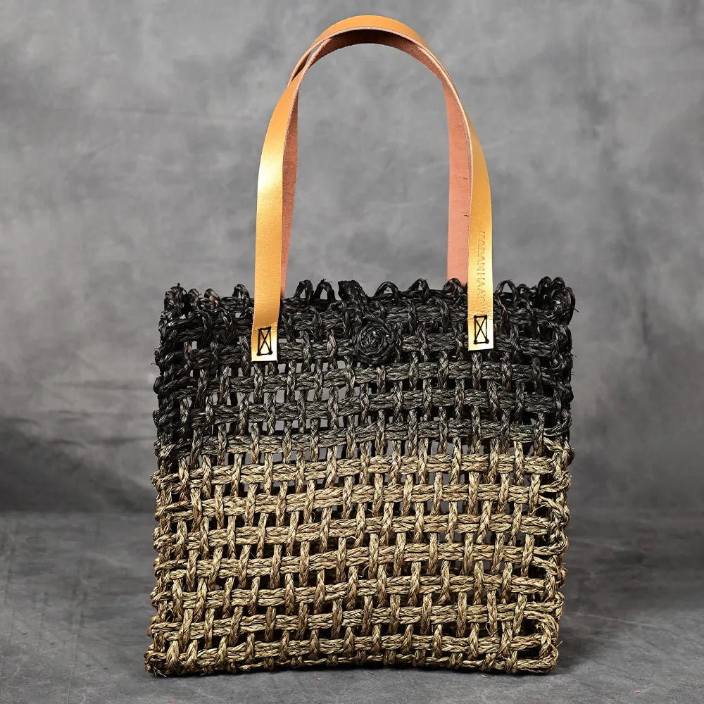 Handmade Sabai Grass Large Mesh Bag - Black and Gold