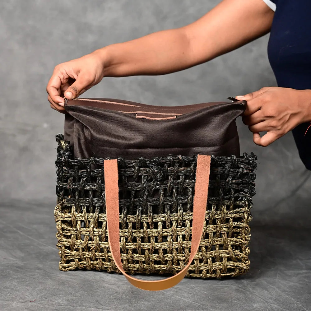 Handmade Sabai Grass Small Mesh Bag - Black and Gold