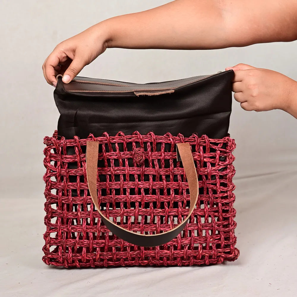 Handmade Sabai Grass Small Mesh Bag - Wine