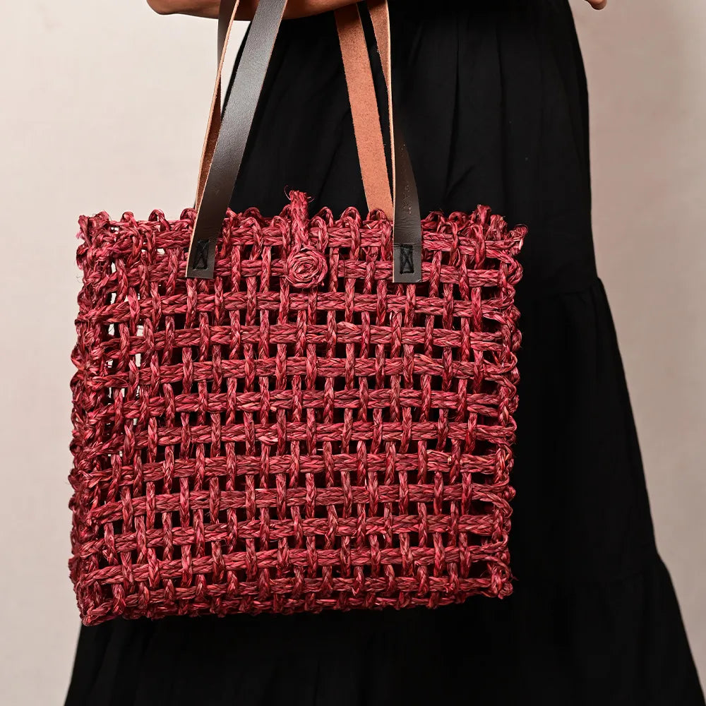 Handmade Sabai Grass Large Mesh Bag - Wine