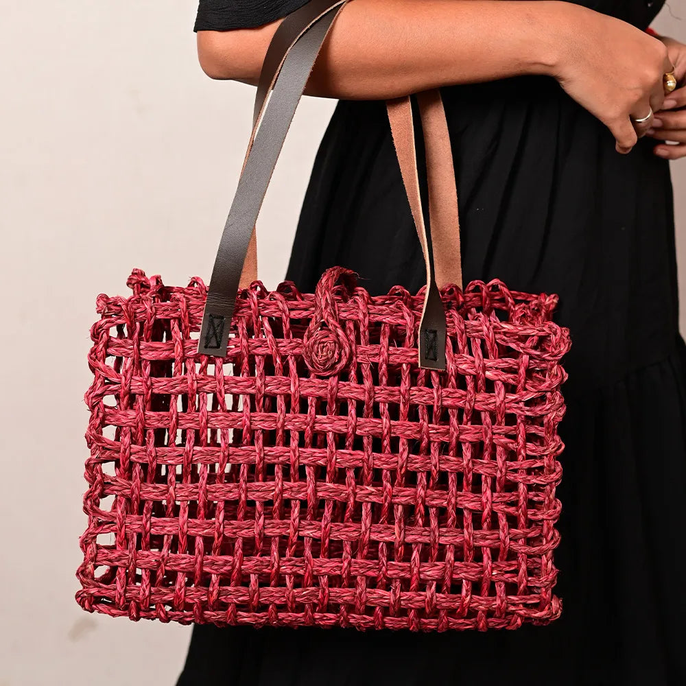 Handmade Sabai Grass Small Mesh Bag - Wine