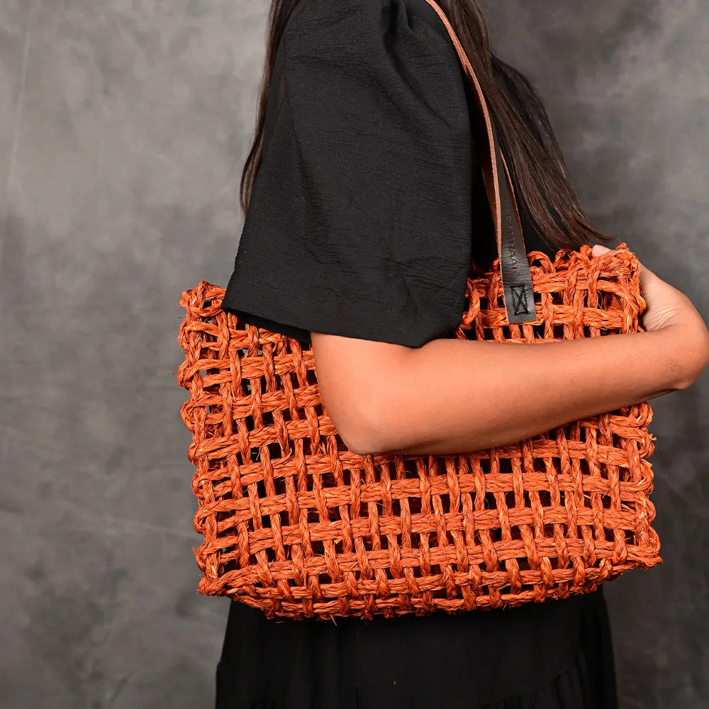 Handmade Sabai Grass Small Mesh Bag - Orange