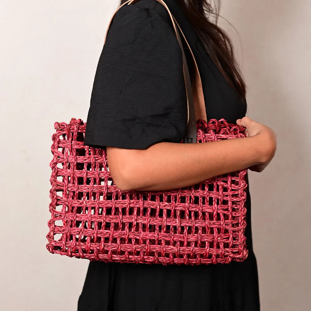 Handmade Sabai Grass Small Mesh Bag - Wine