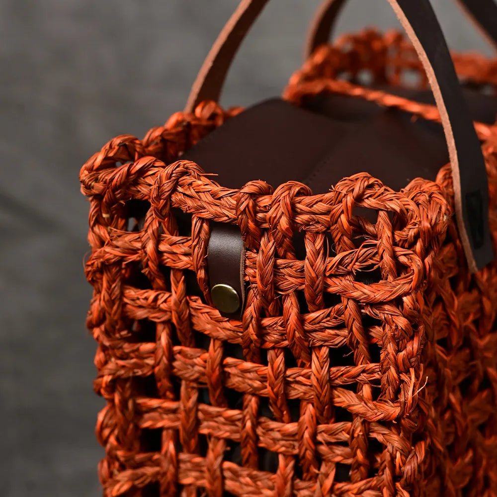 Handmade Sabai Grass Large Mesh Bag - Orange