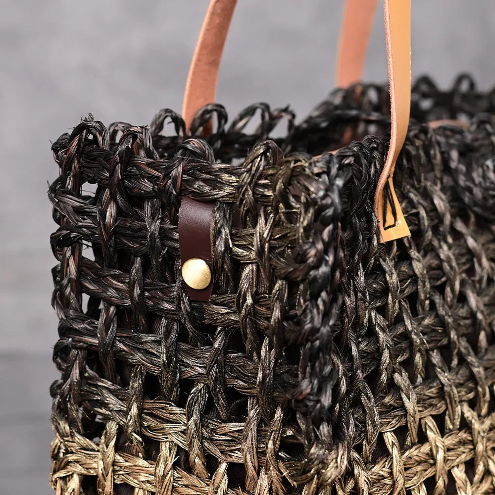 Handmade Sabai Grass Large Mesh Bag - Black and Gold