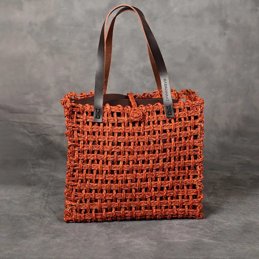 Handmade Sabai Grass Large Mesh Bag - Orange
