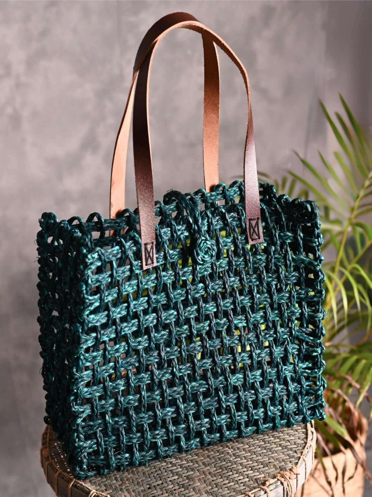 Handmade Sabai Grass Large Mesh Tote Bag - Indigo