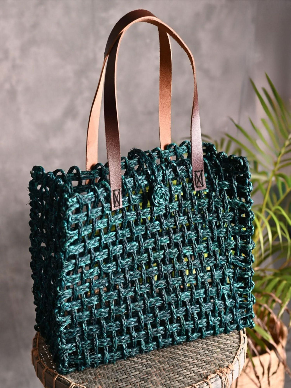 Handmade Sabai Grass Large Mesh Tote Bag - Indigo