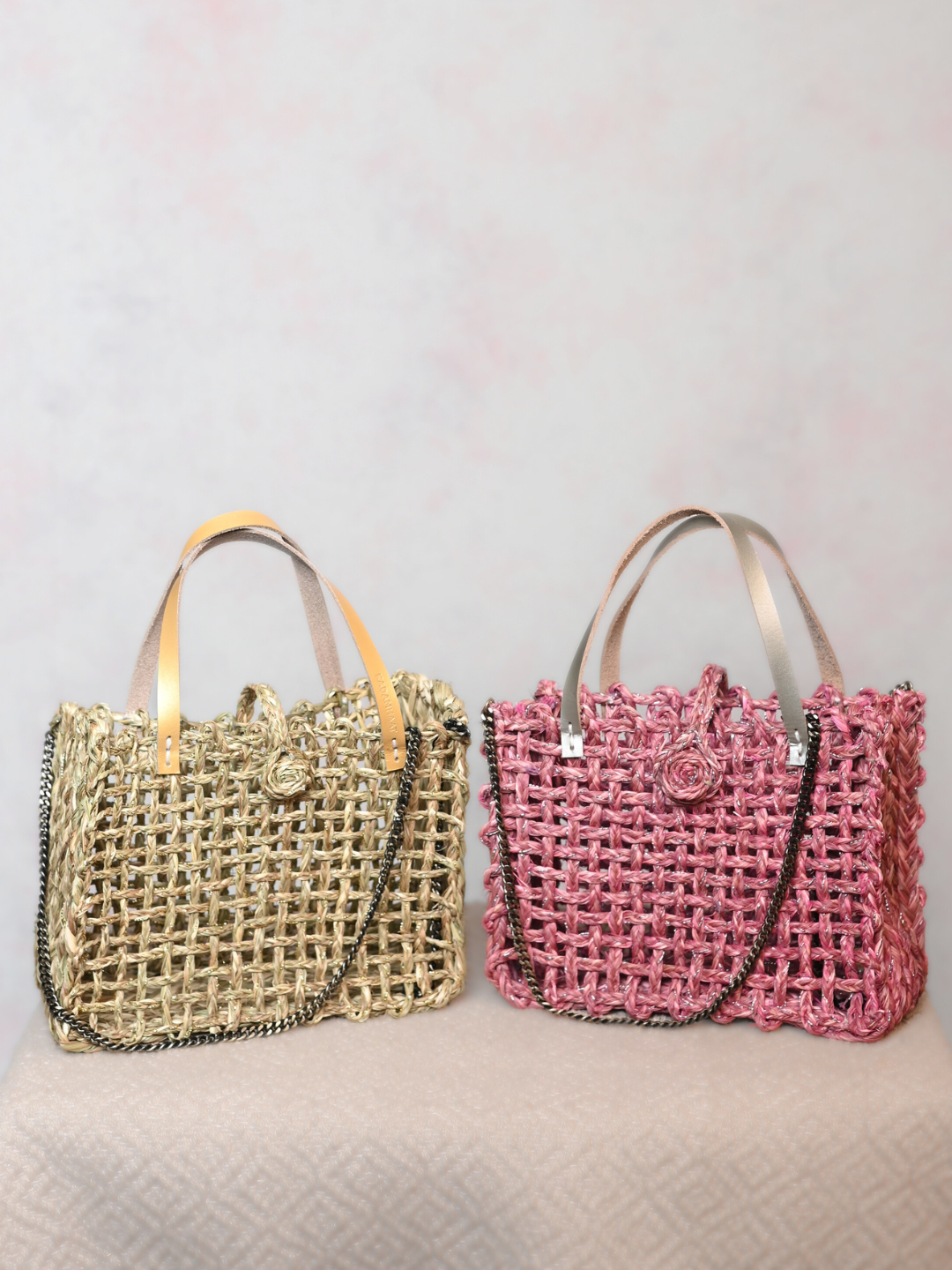Handmade Sabai Grass Zari Mini Mesh Bag with Silver Handle Pack Of 2