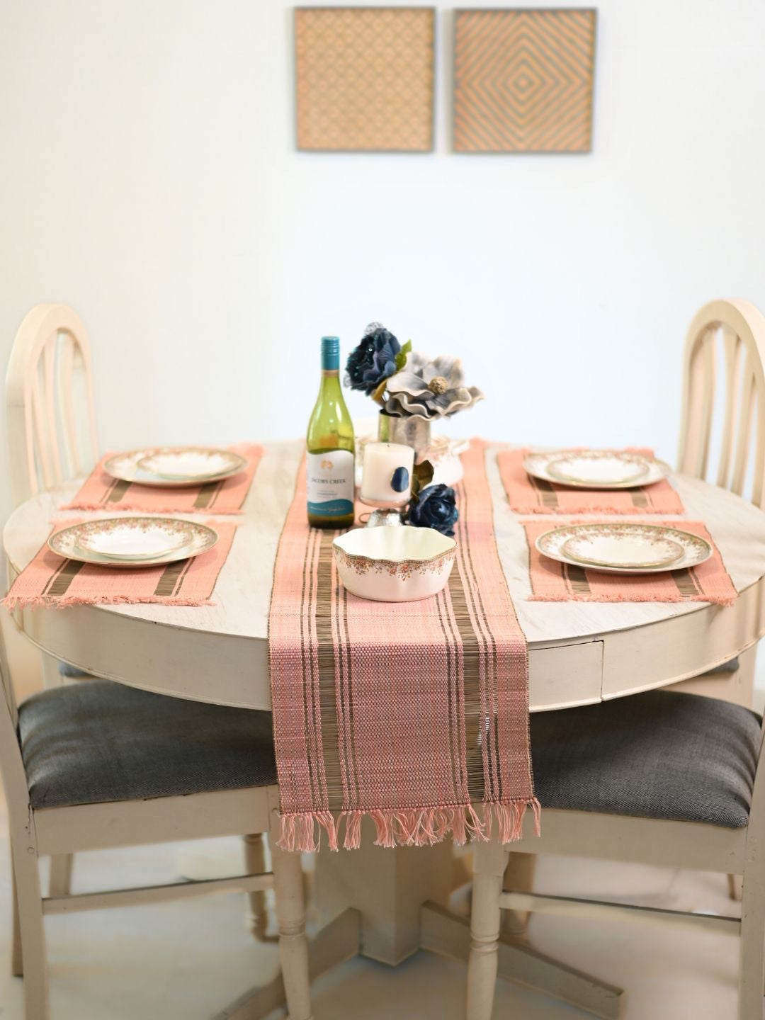 Handmade Madurkathi Table Runner and Mat Combo - Blush Pink