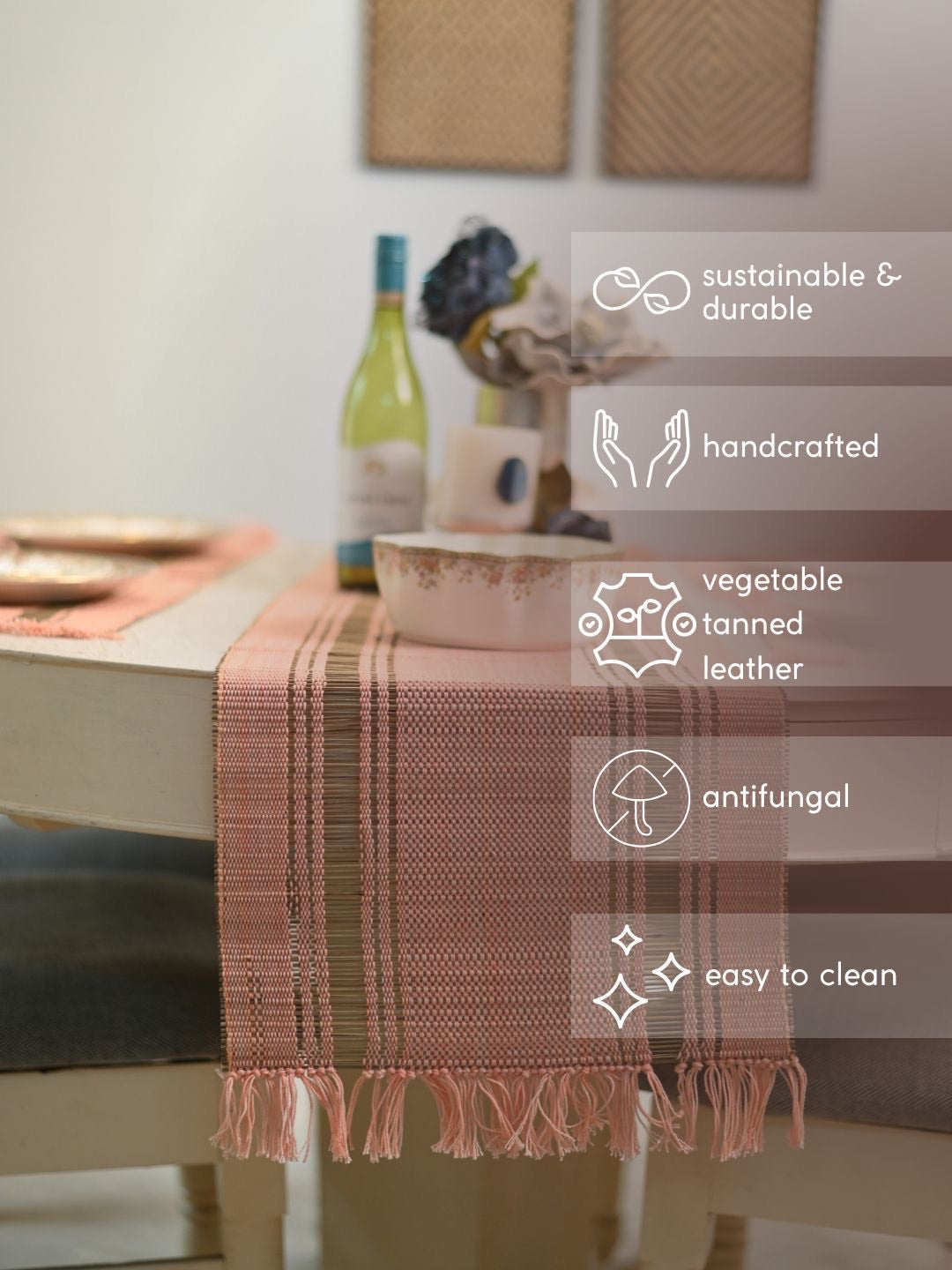 Handmade Madurkathi Table Runner and Mat Combo - BLUSH PINK
