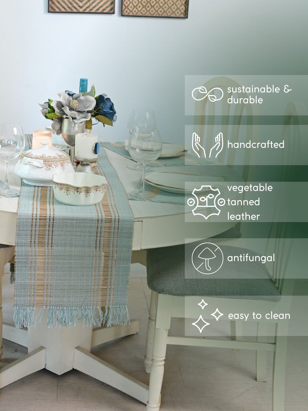 Handmade Madurkathi Table Runner and Mat Combo - sage green