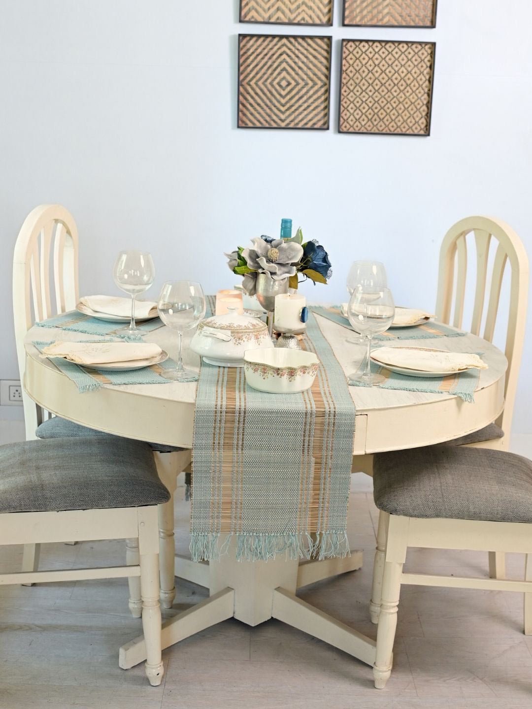 Handmade Madurkathi Table Runner and Mat Combo - sage green