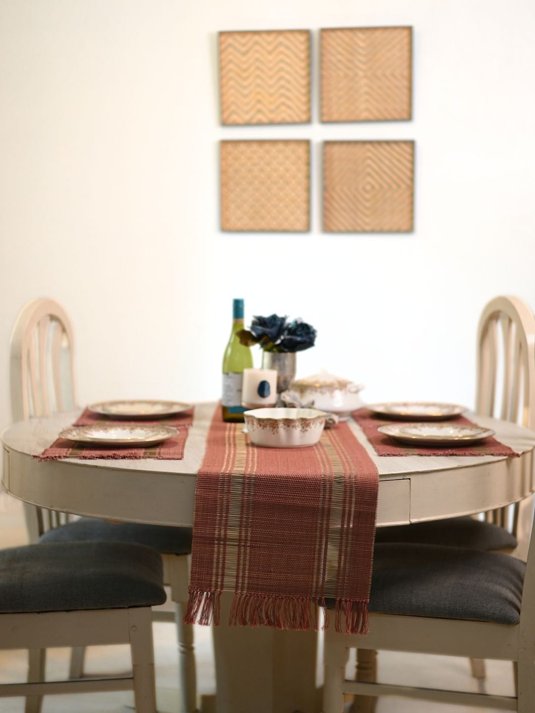 Handmade Madurkathi Table Runner and Mat Combo - Apple Red