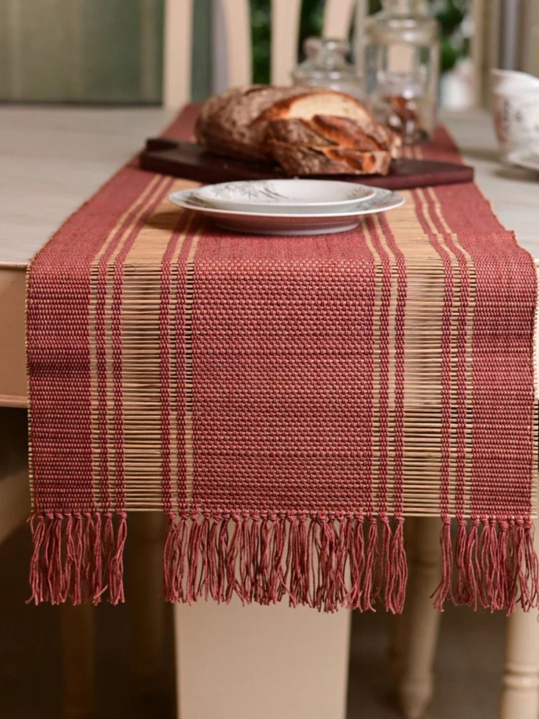 Handmade Madurkathi Table Runner and Mat Combo - Apple Red