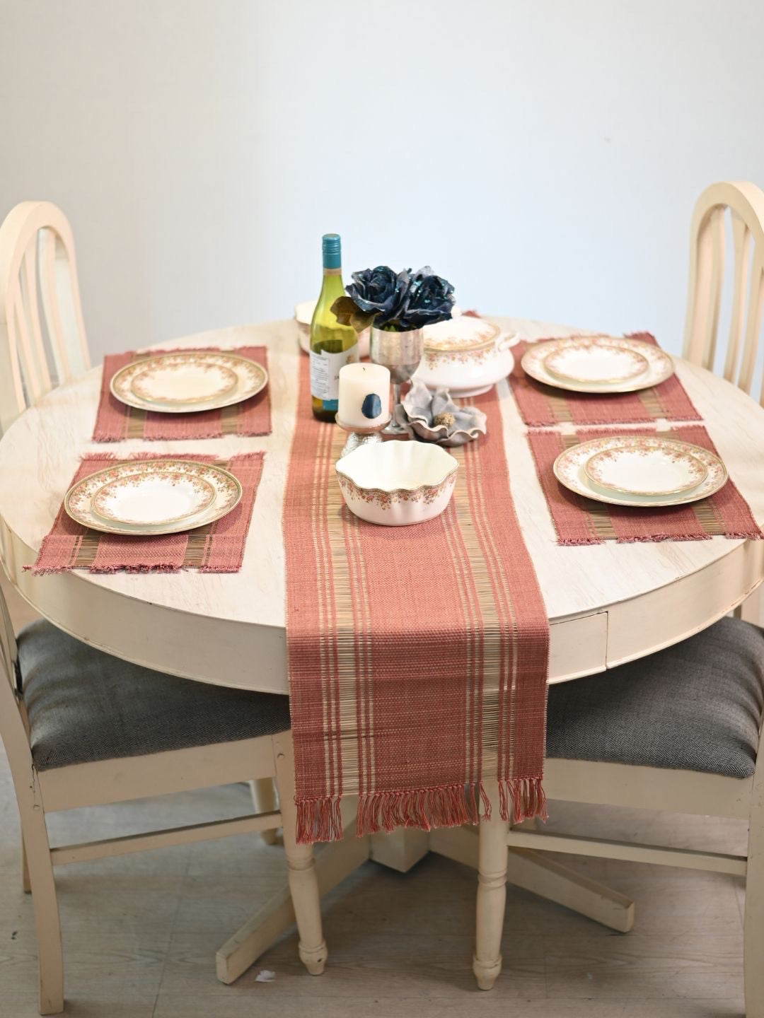 Handmade Madurkathi Table Runner and Mat Combo - Apple Red