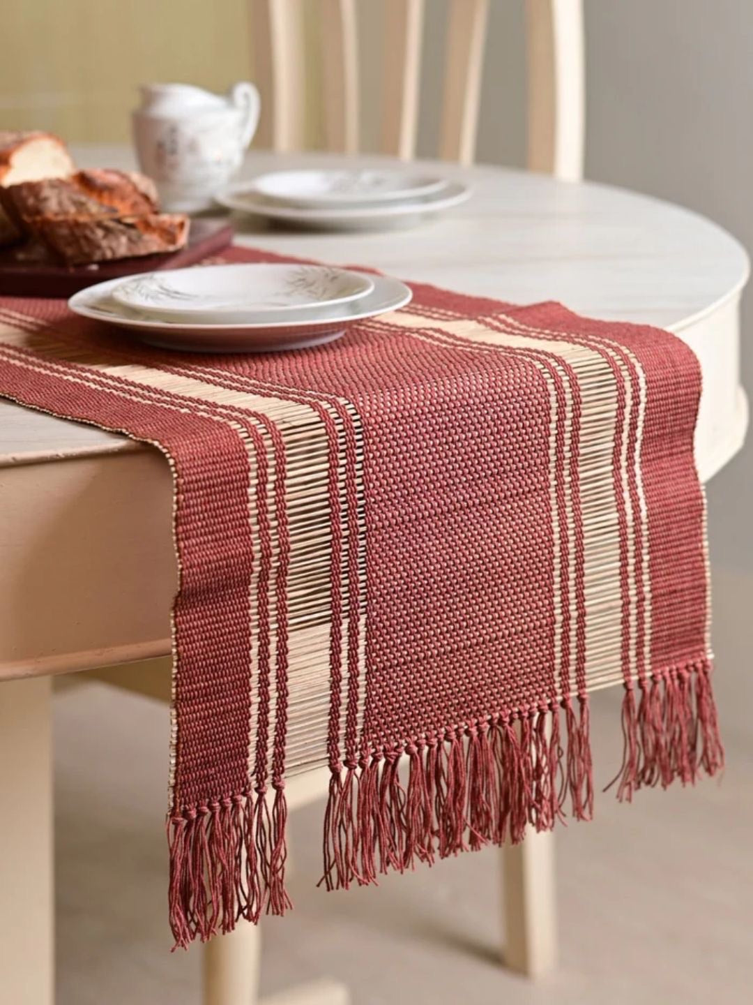 Handmade Madurkathi Table Runner and Mat Combo - Apple Red