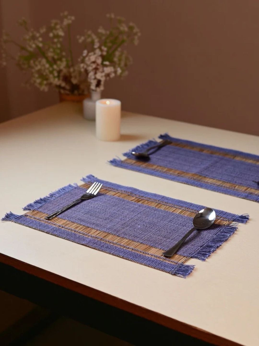 Handmade Madurkathi Table Runner and Mat Combo - blueberry