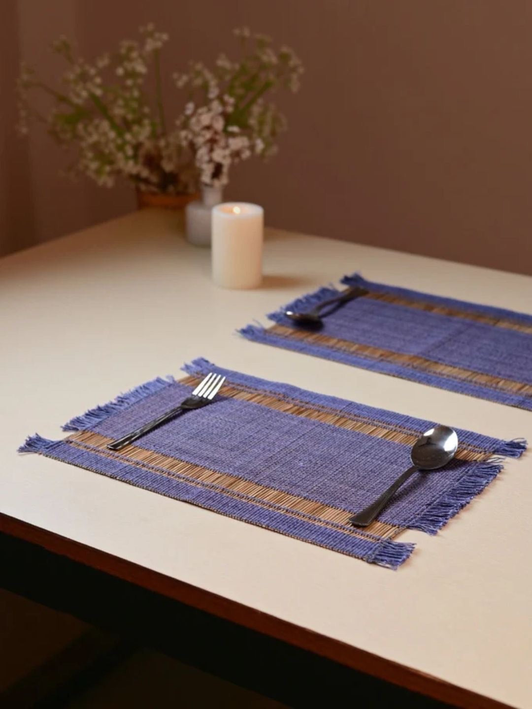 Handmade Madurkathi Table Runner and Mat Combo - blueberry
